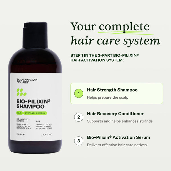 Bio-Pilixin shampoo bottle with product description on a light gray background