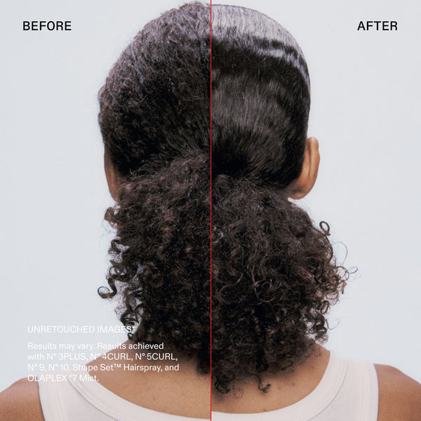 Before and after hair styling comparison showing the back of a person's head with dark curly hair, labeled 'BEFORE' on the left and 'AFTER' on the right, on a light gray background with product text at the bottom left.