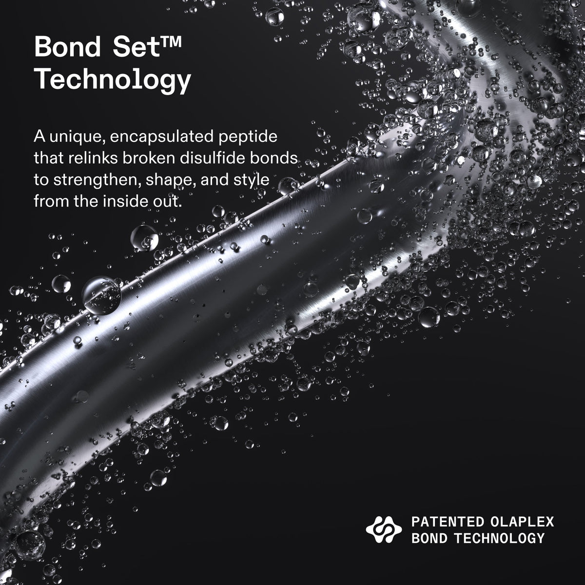 Promotional graphic for Bond Set Technology featuring a curved strand of clear silicone or acrylic material on a black background with water droplets. White text explains the patented encapsulated peptide technology, with the Bond Set Technology logo and the Olaplex brand name in the bottom right corner.