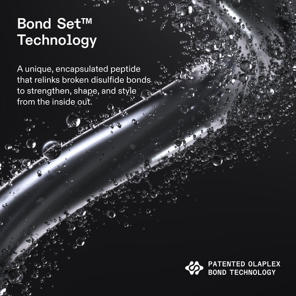 Promotional graphic for Bond Set Technology featuring a curved strand of clear silicone or acrylic material on a black background with water droplets. White text explains the patented encapsulated peptide technology, with the Bond Set Technology logo and the Olaplex brand name in the bottom right corner.