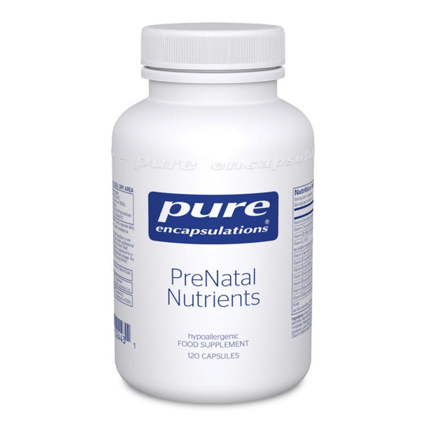 A white plastic bottle of Pure Encapsulations PreNatal Nutrients food supplement with a white ribbed cap, shown on a plain white background.