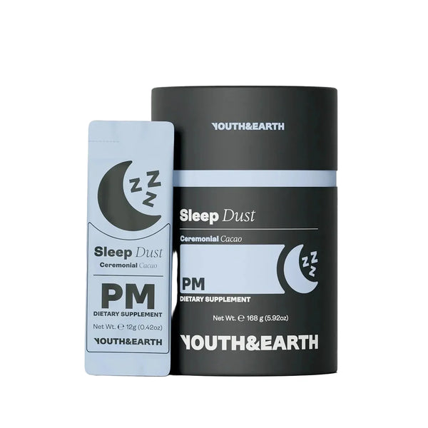 Sleep Dust dietary supplement packaging by Youth & Earth on a light gray background