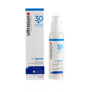 White Ultrasun Sports Spray SPF 30 150ml bottle next to white box