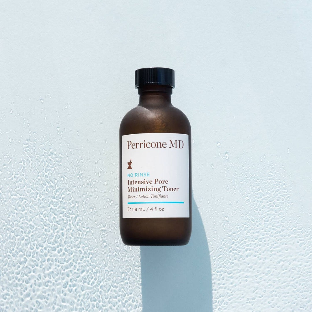 Perricone MD No:Rinse Intensive Pore Minimizing Toner bottle on a blue background