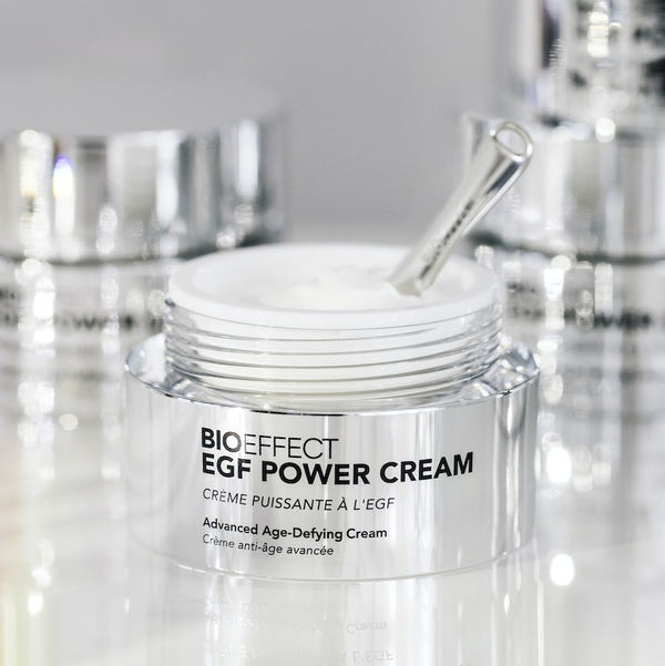 BIOEFFECT EGF Power Cream with an open lid and a scoop 