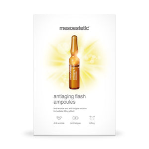 The packaging of mesoestetic Antiaging Flash Ampoules (10 pack) with a single vial with a bright background