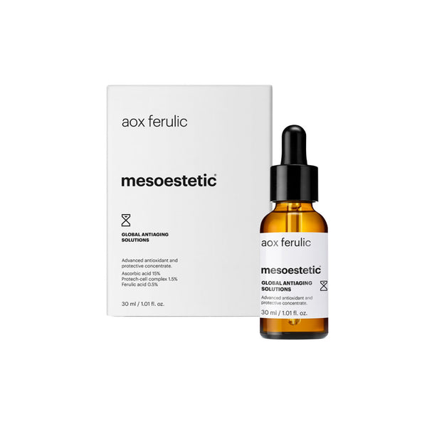 A single vial of mesoestetic AOX Ferulic in front of its box packaging