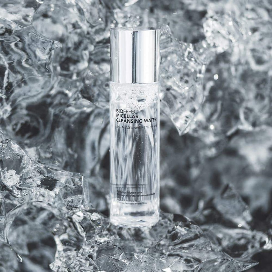 a bottle of BIOEFFECT Micellar Cleansing Water on a crystal surface